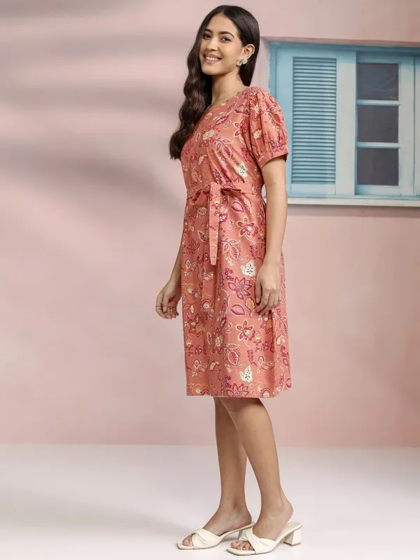 Tokyo Talkies Women Coral Printed A-Line Dress