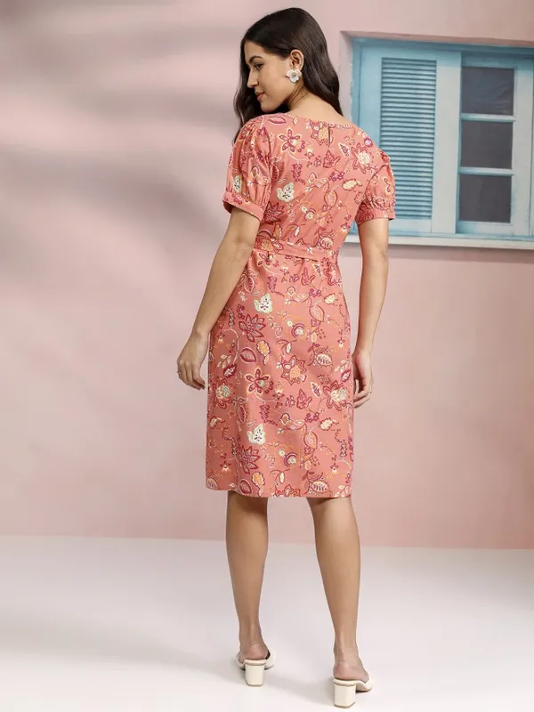 Tokyo Talkies Women Coral Printed A-Line Dress