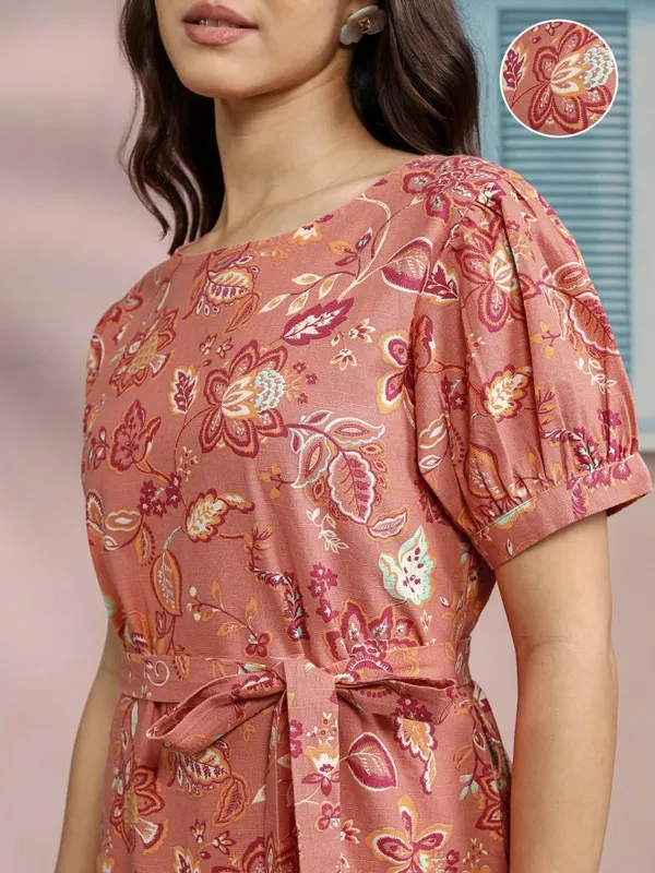 Tokyo Talkies Women Coral Printed A-Line Dress