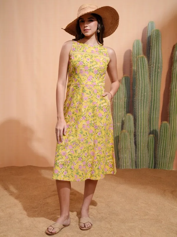 Tokyo Talkies Women Yellow Printed A-Line Dress