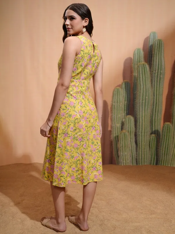 Tokyo Talkies Women Yellow Printed A-Line Dress
