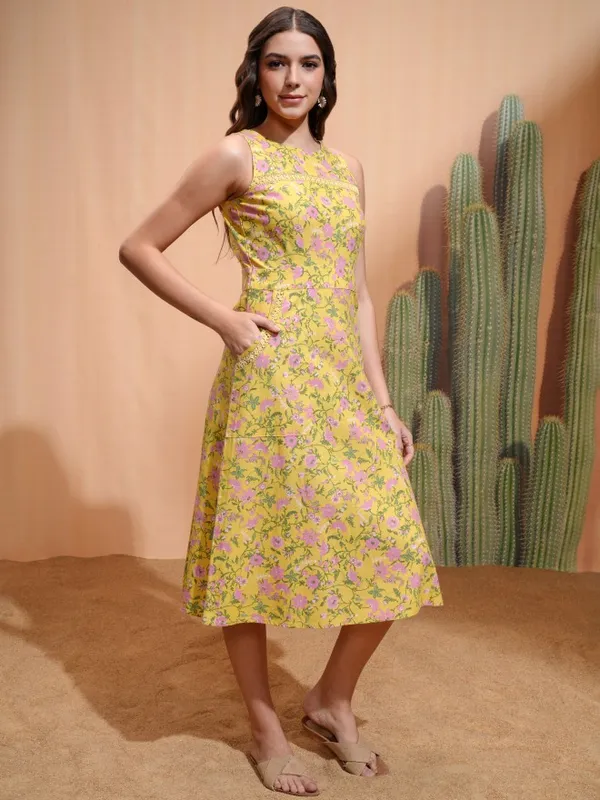 Tokyo Talkies Women Yellow Printed A-Line Dress