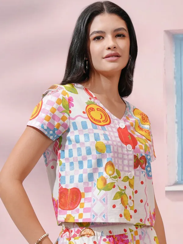 Tokyo Talkies Women White Printed Regular Top