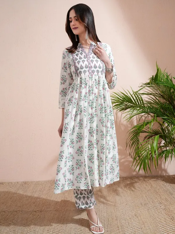 Vishudh Women Cream Printed Kurta With Trousers