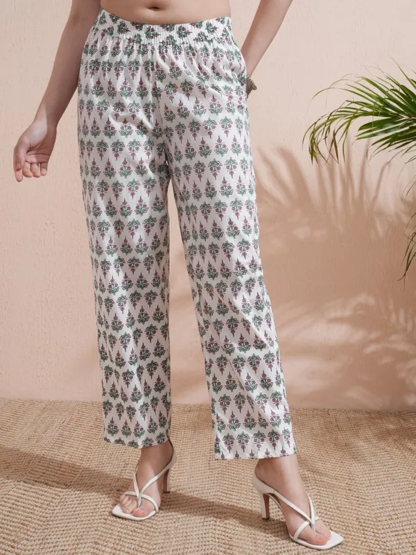 Vishudh Women Cream Printed Kurta With Trousers