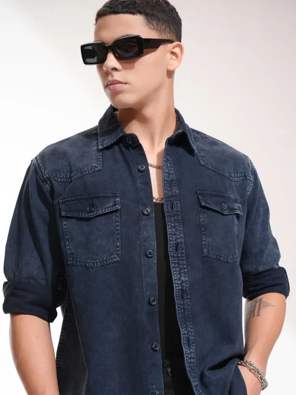 Highlander Men Navy Blue Faded Oversized Fit Casual Shirt