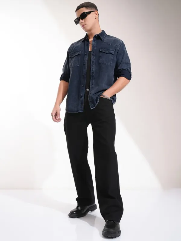 Highlander Men Navy Blue Faded Oversized Fit Casual Shirt