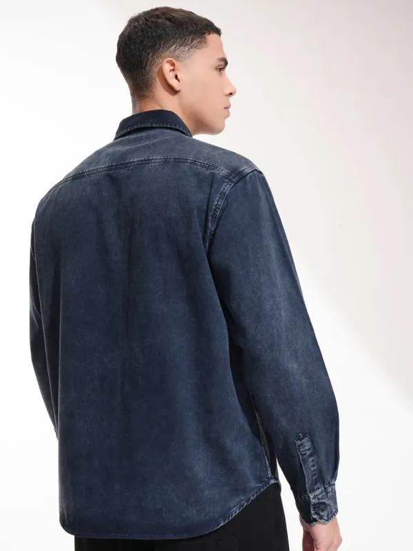 Highlander Men Navy Blue Faded Oversized Fit Casual Shirt