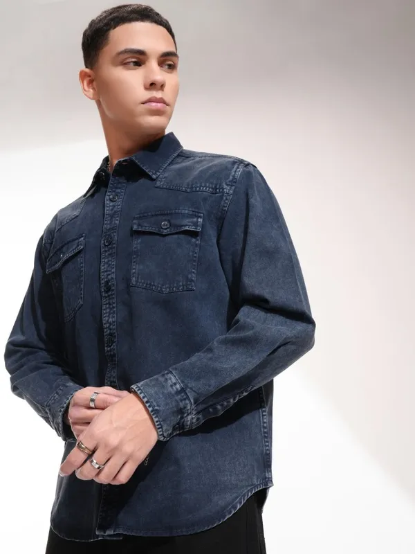 Highlander Men Navy Blue Faded Oversized Fit Casual Shirt