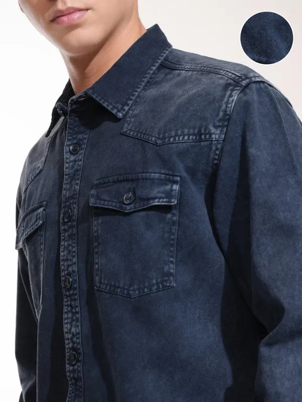 Highlander Men Navy Blue Faded Oversized Fit Casual Shirt