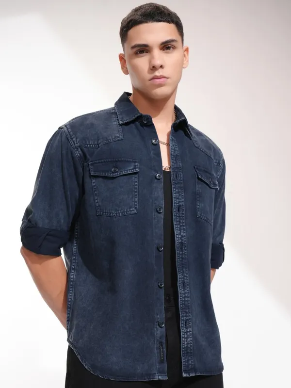 Highlander Men Navy Blue Faded Oversized Fit Casual Shirt