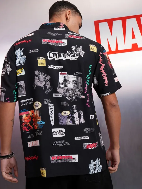 Marvel By Highlander Men Black Deadpool Printed Relaxed Fit Casual Shirt