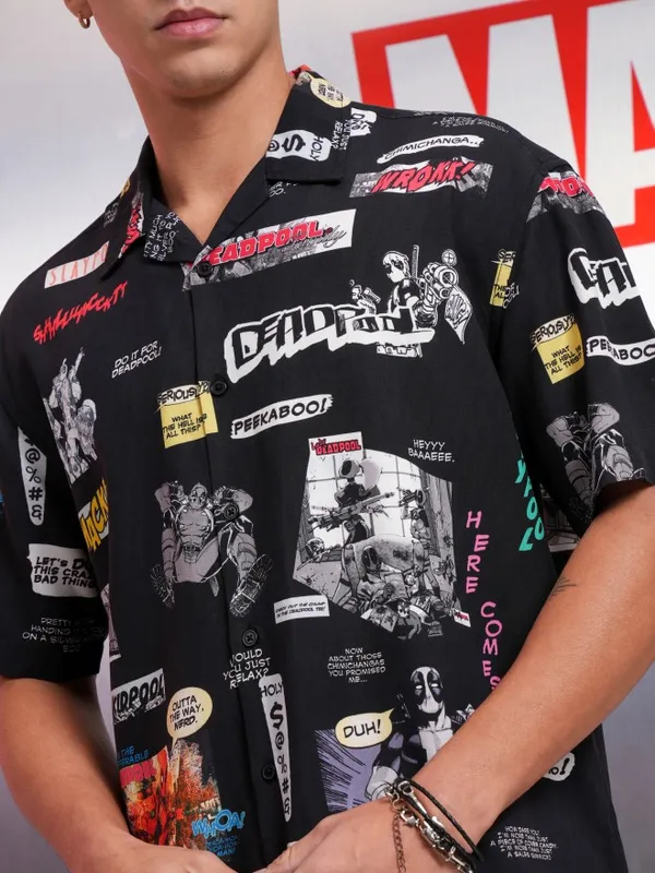 Marvel By Highlander Men Black Deadpool Printed Relaxed Fit Casual Shirt