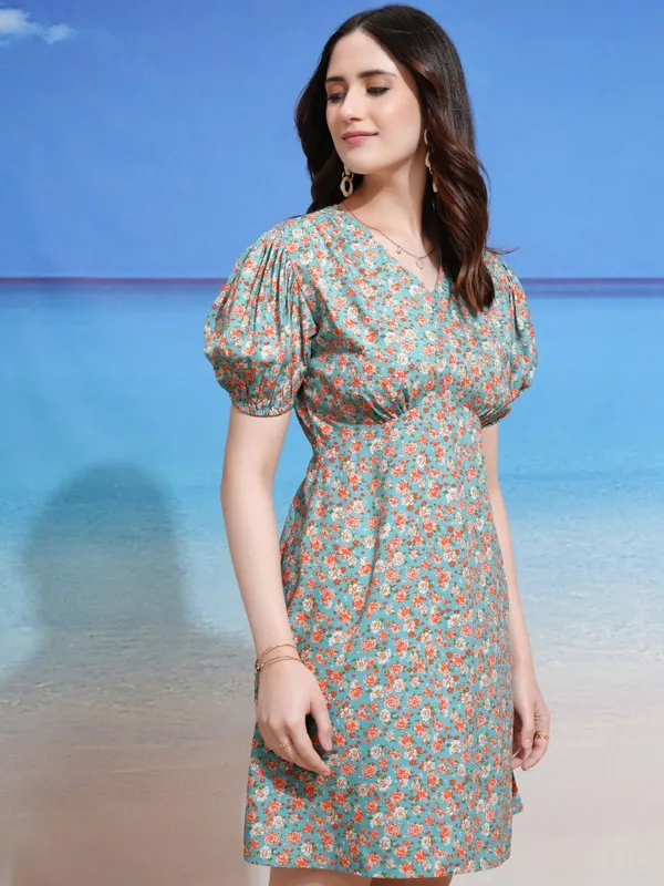 Tokyo Talkies Women Blue Printed Fit and Flare Dress
