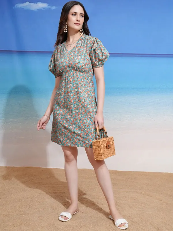 Tokyo Talkies Women Blue Printed Fit and Flare Dress