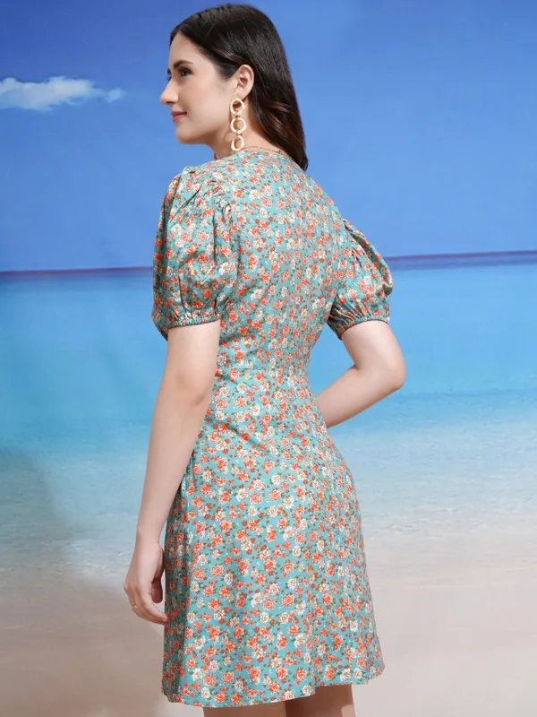 Tokyo Talkies Women Blue Printed Fit and Flare Dress