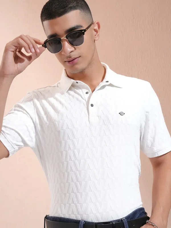 Highlander Men White Self Design Polo Collar T-Shirt