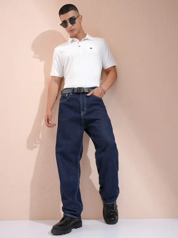 Highlander Men White Self Design Polo Collar T-Shirt