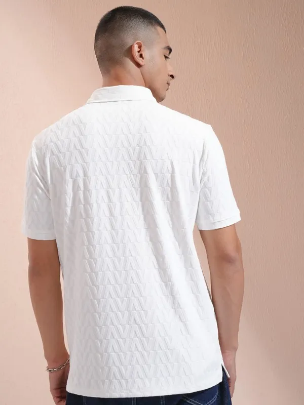 Highlander Men White Self Design Polo Collar T-Shirt