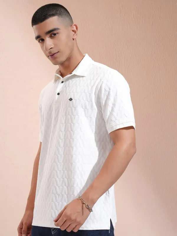 Highlander Men White Self Design Polo Collar T-Shirt