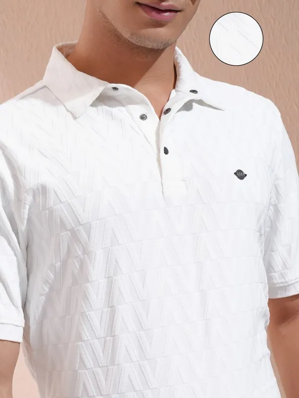 Highlander Men White Self Design Polo Collar T-Shirt