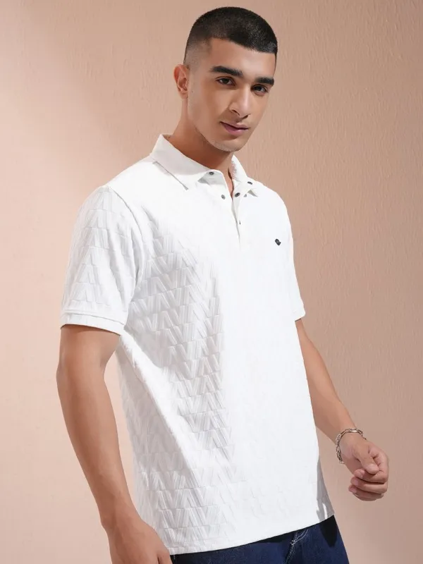 Highlander Men White Self Design Polo Collar T-Shirt