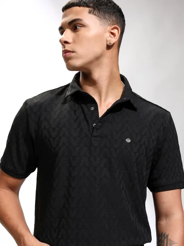 Highlander Men Black Self Design Polo Collar T-Shirt