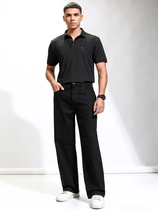 Highlander Men Black Self Design Polo Collar T-Shirt