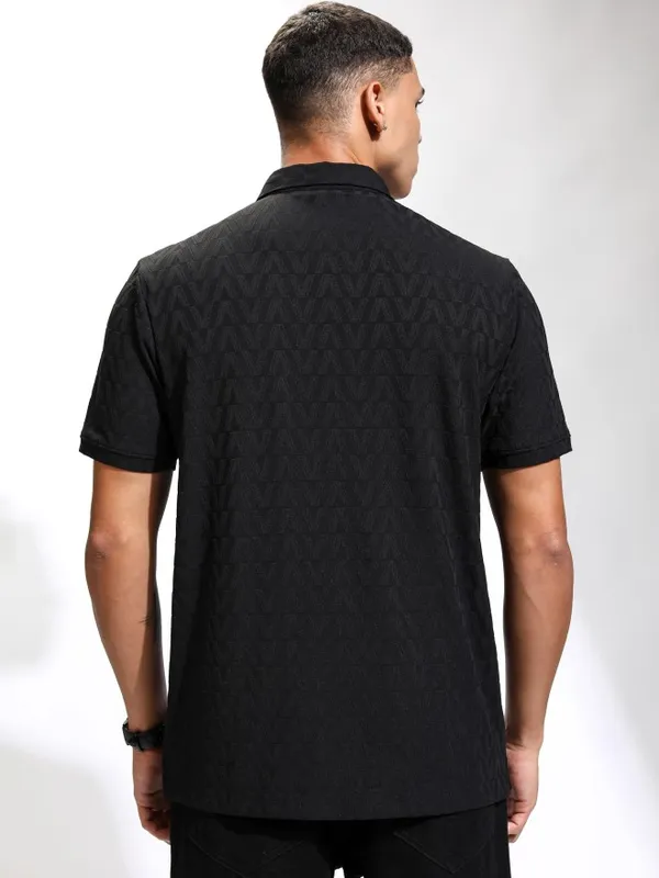 Highlander Men Black Self Design Polo Collar T-Shirt