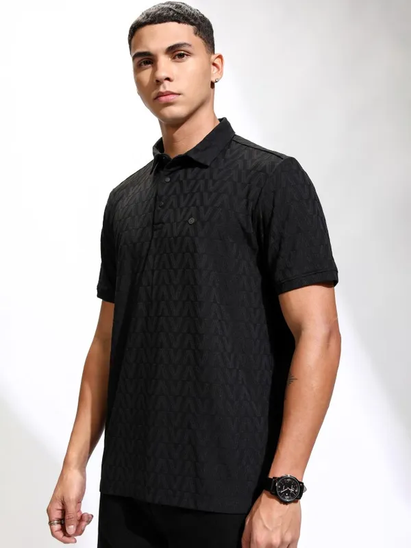 Highlander Men Black Self Design Polo Collar T-Shirt