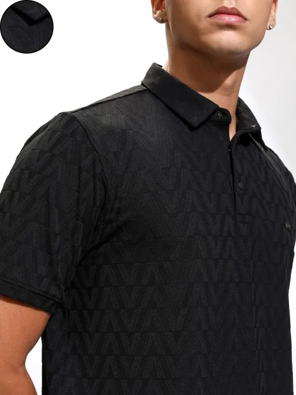 Highlander Men Black Self Design Polo Collar T-Shirt