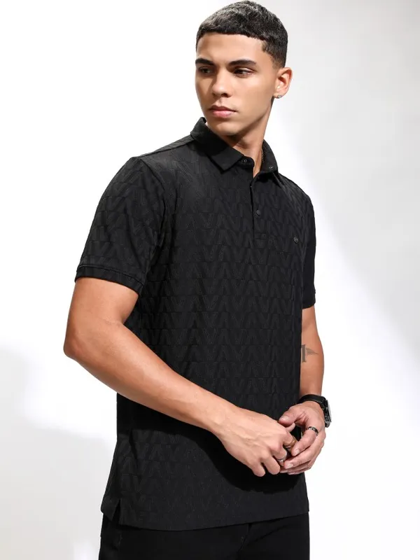 Highlander Men Black Self Design Polo Collar T-Shirt