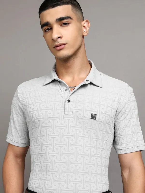 Highlander Men Grey Self Design Polo Collar T-Shirt