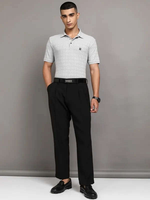 Highlander Men Grey Self Design Polo Collar T-Shirt