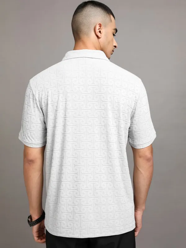 Highlander Men Grey Self Design Polo Collar T-Shirt