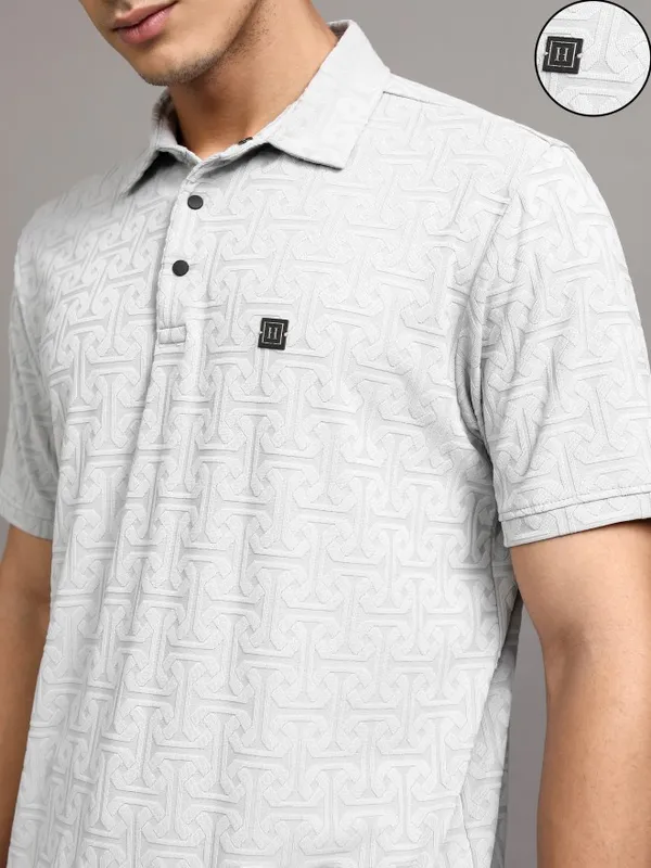 Highlander Men Grey Self Design Polo Collar T-Shirt