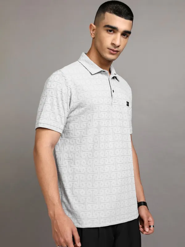 Highlander Men Grey Self Design Polo Collar T-Shirt