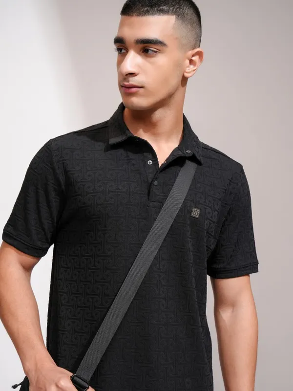 Highlander Men Black Self Design Polo Collar T-Shirt