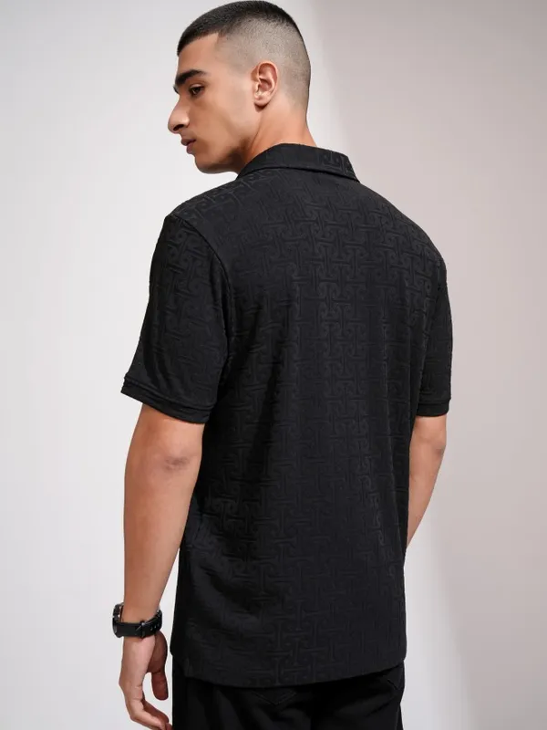 Highlander Men Black Self Design Polo Collar T-Shirt