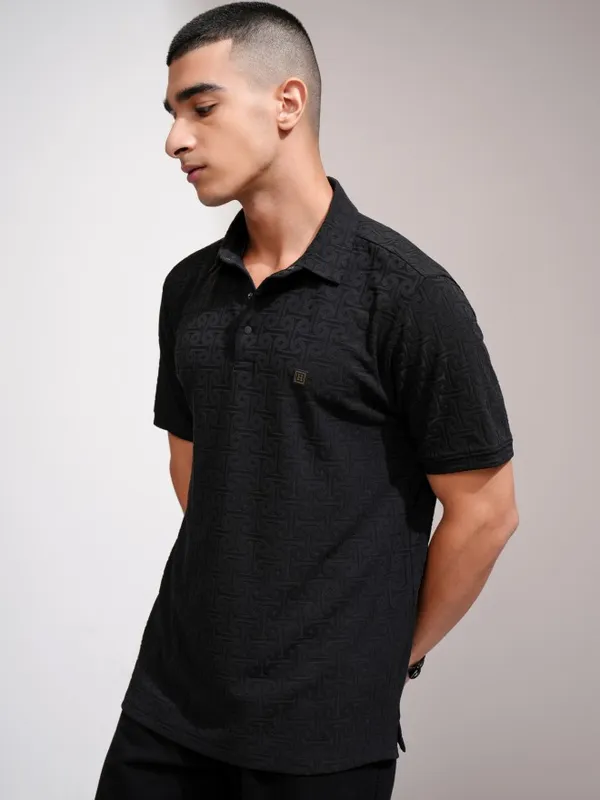 Highlander Men Black Self Design Polo Collar T-Shirt