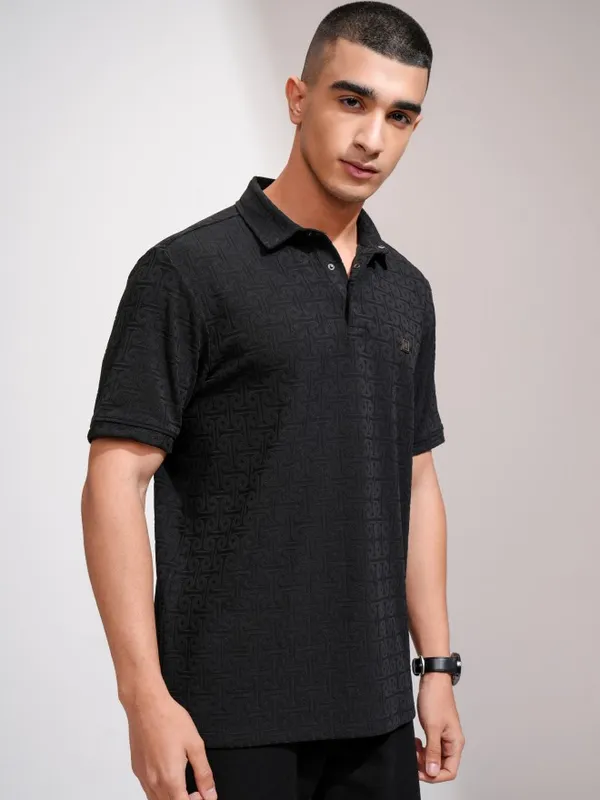 Highlander Men Black Self Design Polo Collar T-Shirt