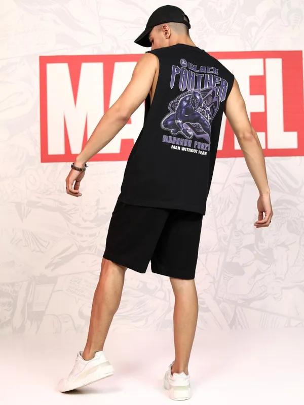 Marvel By Highlander Men Black Black Panther Printed Round Neck T-Shirt