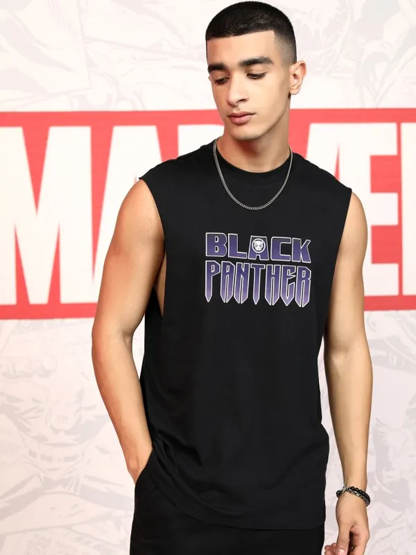 Marvel By Highlander Men Black Black Panther Printed Round Neck T-Shirt