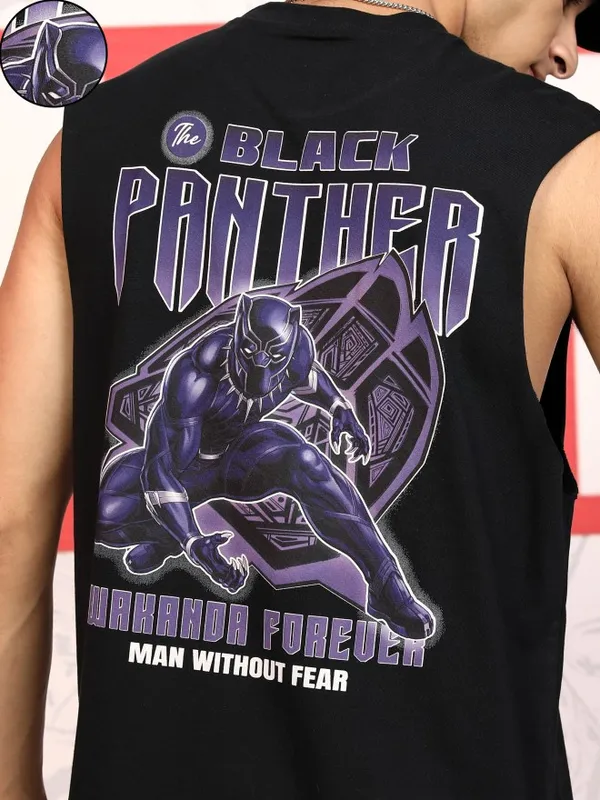 Marvel By Highlander Men Black Black Panther Printed Round Neck T-Shirt