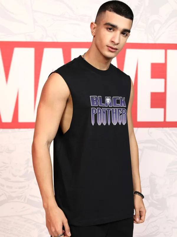 Marvel By Highlander Men Black Black Panther Printed Round Neck T-Shirt