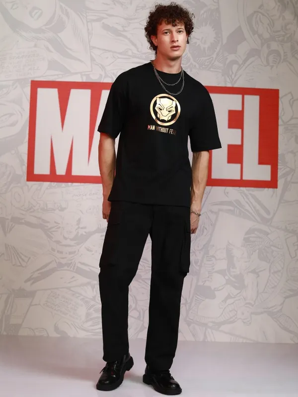 Marvel By Highlander Men Black Black Panther Printed Round Neck Oversized Fit T-Shirt