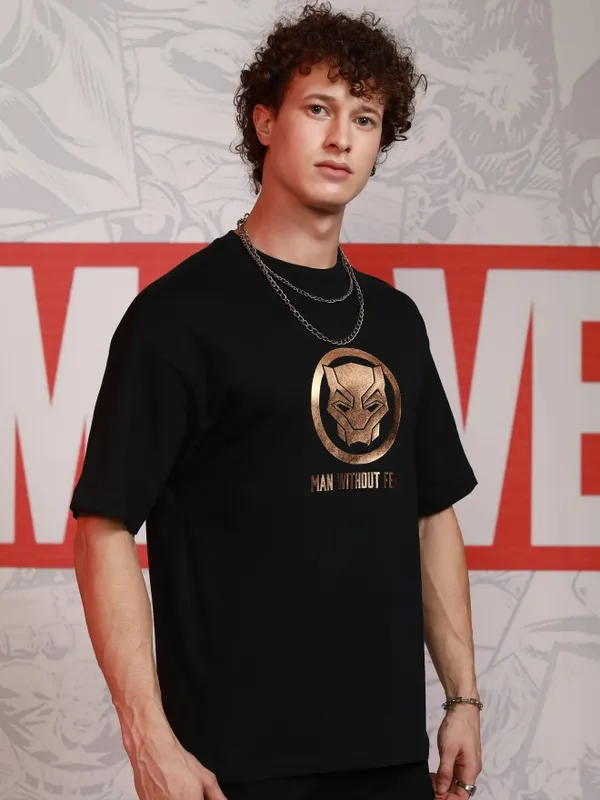Marvel By Highlander Men Black Black Panther Printed Round Neck Oversized Fit T-Shirt