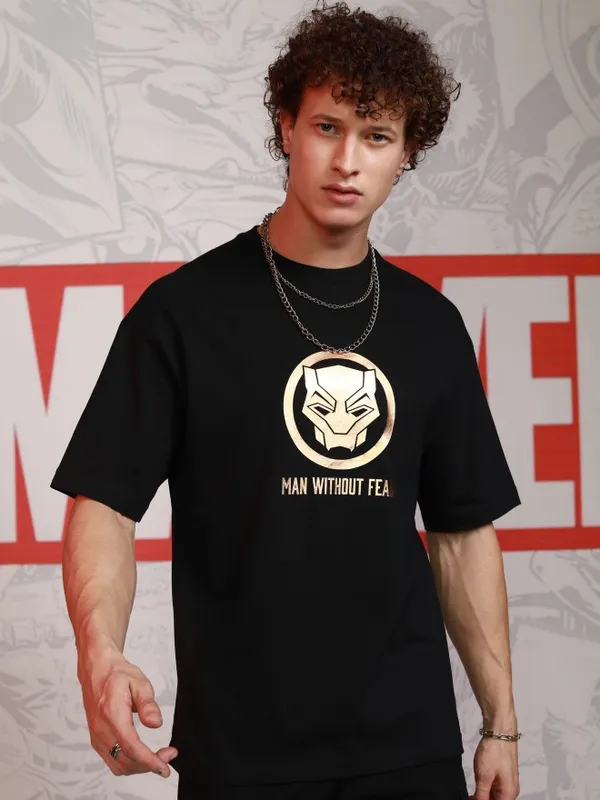 Marvel By Highlander Men Black Black Panther Printed Round Neck Oversized Fit T-Shirt