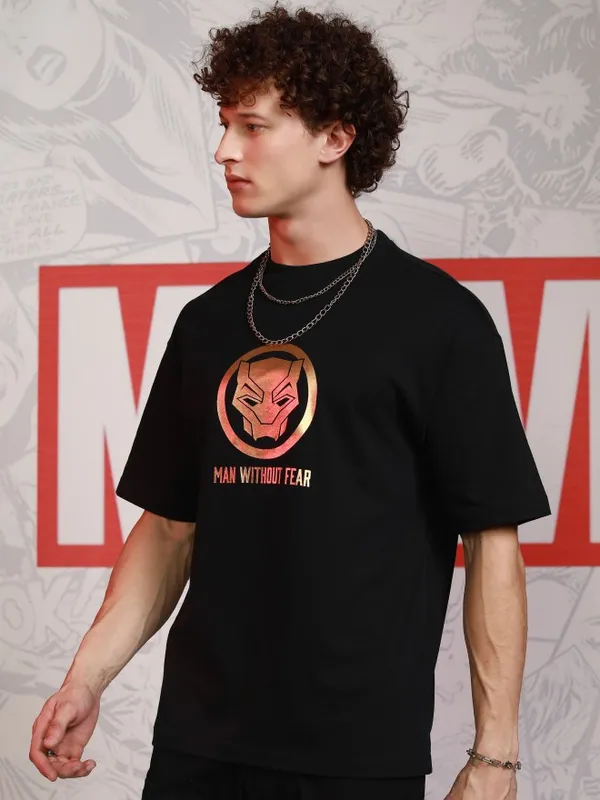 Marvel By Highlander Men Black Black Panther Printed Round Neck Oversized Fit T-Shirt