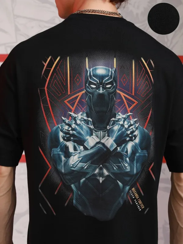 Marvel By Highlander Men Black Black Panther Printed Round Neck Oversized Fit T-Shirt